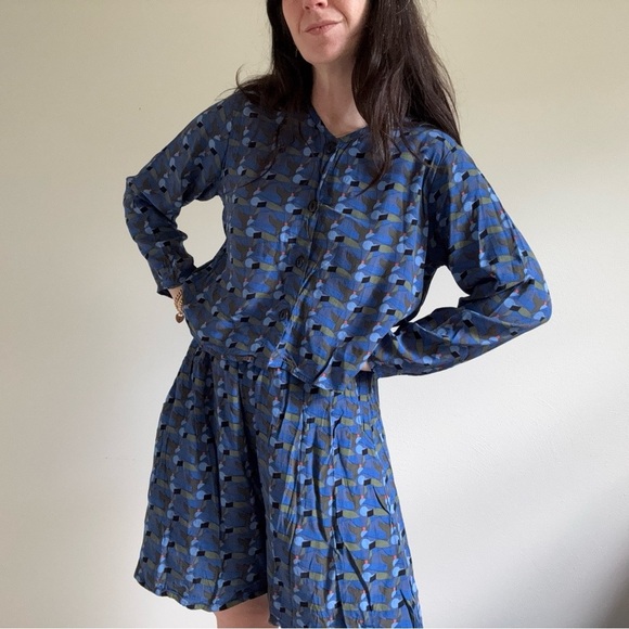 Vintage Flax Rayon Abstract Print Top and Shorts Culottes Set M - Picture 1 of 16